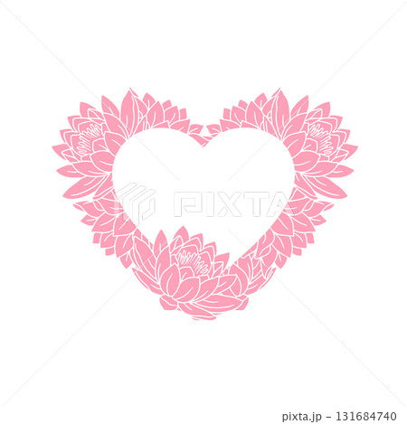 Hand drawn line art heart frame with monochrome pink lotus flowers 131684740