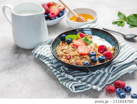 Granola bowl with yogurt, berries, and mint for breakfast Granola bowl with yogurt, berries, and mint for breakfast 131684760