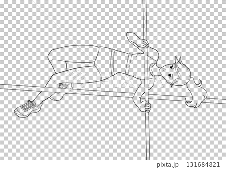 一個女孩撐竿跳的黑白插圖 131684821