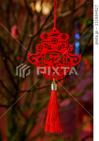 Close-up of the Chinese decoration hanging on the peach blossom plant. Chinese New year celebration. Festive decoration and celebration. For background use. 131684827