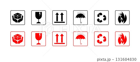 Set of Shipping Icons: Fragile Glass, This Side Up, Keep Dry, Recycle, and Flammable Symbols. Set of Shipping Icons: Fragile Glass, This Side Up, Keep Dry, Recycle, and Flammable Symbols. 131684830