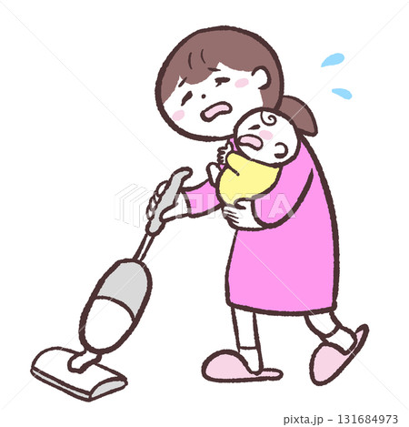 赤ちゃんを抱っこしながら掃除機をかける女性のイラスト 131684973
