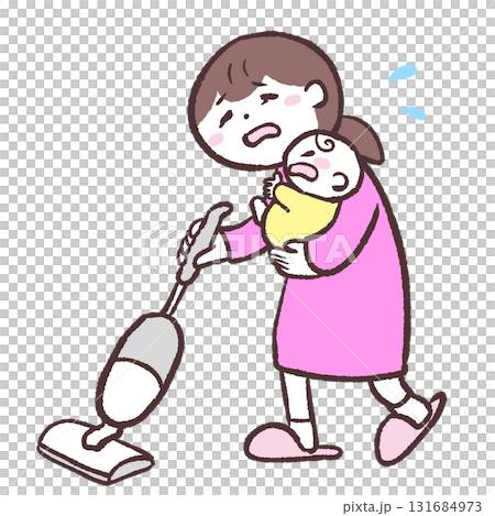 赤ちゃんを抱っこしながら掃除機をかける女性のイラスト 131684973