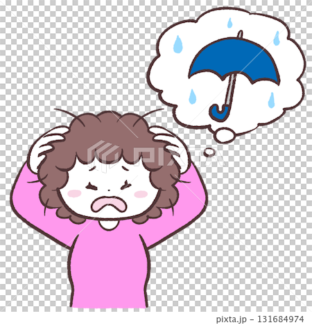 Illustration of a woman whose hairstyle is out of order due to humidity Illustration of a woman whose hairstyle is out of order due to humidity 131684974