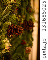 Close-up of the Christmas floral wreaths. Festive and home decoration. Winter season, winter festive. Christmas celebration, Xmas celebration. For background use. 131685025