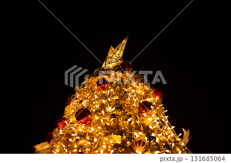Close-up of the Christmas trees with colorful ornaments. Festive decoration. Full of ornaments. Winter season, winter festive. Christmas celebration, Xmas celebration. For background use. 131685064