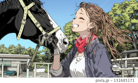 馬の世話をしている若い女性