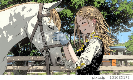 馬の世話をしている若い女性