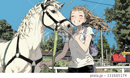 馬の世話をしている若い女性