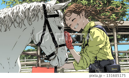 馬の世話をしている若い女性