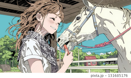 馬の世話をしている若い女性