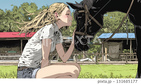 馬の世話をしている若い女性