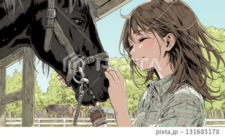 馬の世話をしている若い女性