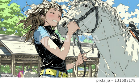 馬の世話をしている若い女性