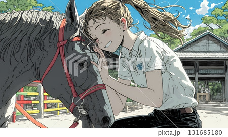 馬の世話をしている若い女性