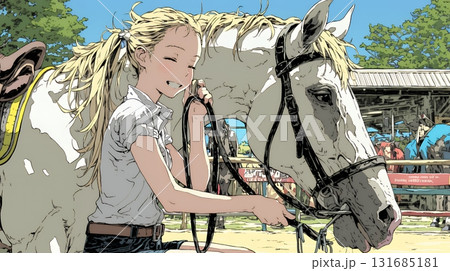 馬の世話をしている若い女性