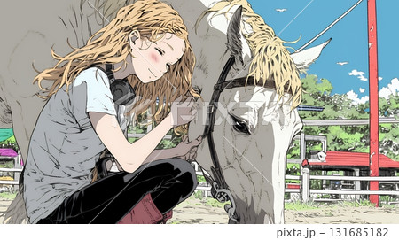 馬の世話をしている若い女性