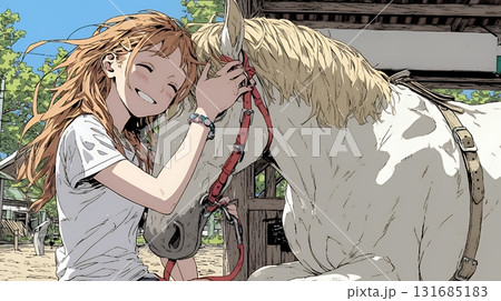 馬の世話をしている若い女性