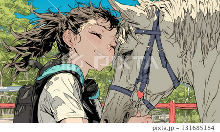 馬の世話をしている若い女性