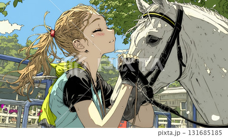 馬の世話をしている若い女性