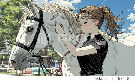 馬の世話をしている若い女性