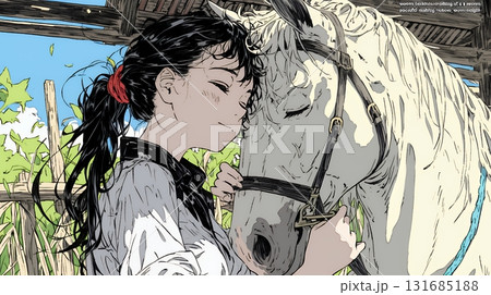 馬の世話をしている若い女性