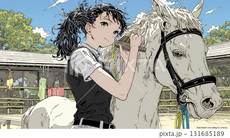 馬の世話をしている若い女性