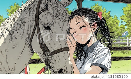 馬の世話をしている若い女性