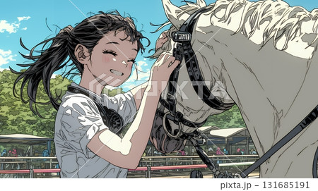 馬の世話をしている若い女性