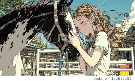 馬の世話をしている若い女性