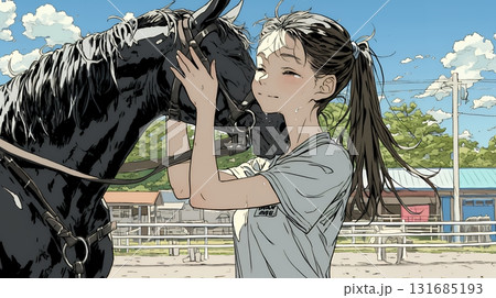 馬の世話をしている若い女性