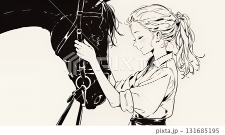 馬の世話をしている若い女性（シンプルな色使い）