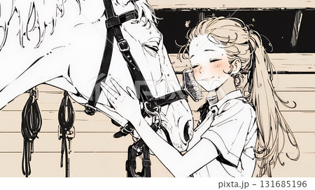馬の世話をしている若い女性（シンプルな色使い）