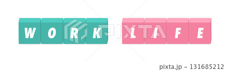 WORKとLIFEの英語の文字と緑とピンクのブロック - ワークライフバランスや仕事と生活のイラスト 131685212