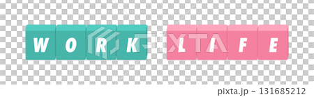 WORK and LIFE English letters and green and pink blocks - illustration of work-life balance or work and life 131685212