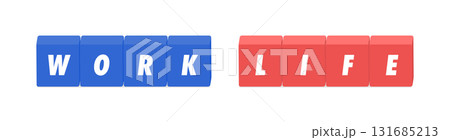 WORKとLIFEの英語の文字と青と赤のブロック - ワークライフバランスや仕事と生活のイメージ素材 131685213