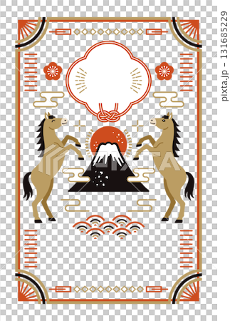 2026 匹馬年新年賀卡，採用現代日式設計，描繪富士山和駿馬 131685229