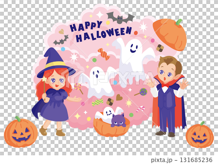 Halloween illustration of a wizard surprising a vampire with magic Halloween illustration of a wizard surprising a vampire with magic 131685236