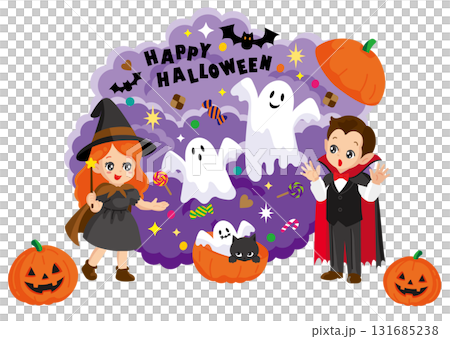 Halloween illustration of a wizard surprising a vampire with magic 131685238