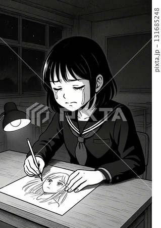 夜の学校で悔しさを描く少女 夜の学校で悔しさを描く少女 131685248
