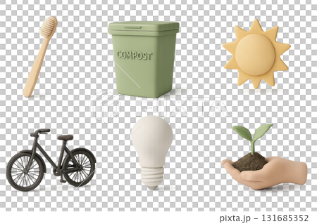 Eco icons set with compost bin and green elements on transparent background Eco icons set with compost bin and green elements on transparent background 131685352