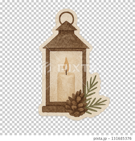 Christmas lantern illustration with pinecone and green branches, isolated on transparent 131685376