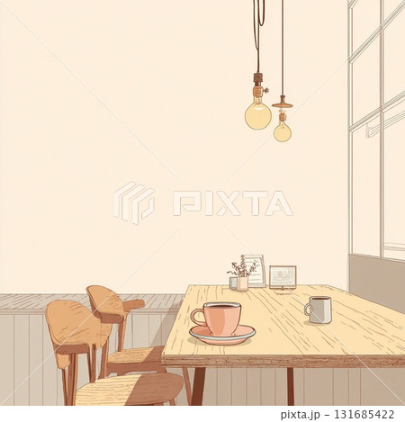 カフェのテーブルとコーヒーカップ｜温かみのある北欧風イラスト 131685422