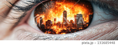 Closeup human eye reflecting massive fire destroyed city, apocalyptic theme, background 131685448