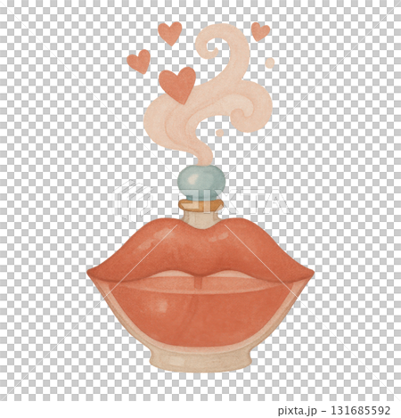Watercolor illustration of glass perfume bottle shaped like lips releasing swirl of hearts, romantic and artistic design. Transparent background 131685592