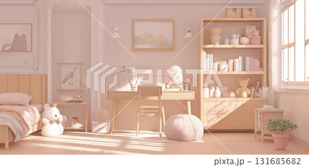 女の子の子ども部屋イラスト｜ピンクと木目がやさしい北欧風インテリア 131685682