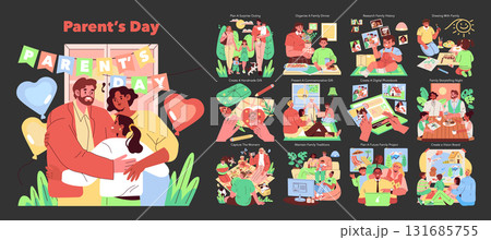 Vector illustration depicting a family celebrating Parent's Day. The illustration includes various family activities like gifting, dining, and creating memories, highlighting togetherness and 131685755
