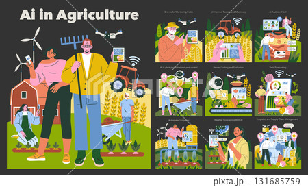 Vector illustration highlighting AI's impact on agriculture. Shows drones, automated machinery, data analysis, and crop monitoring, emphasizing technology integration in modern farming. 131685759