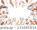 Banner with hairdressing tools scissors comb with colorful abstract autumn plants and leaves. Vector doodle frame with space for text 131685814