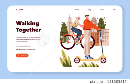 Vector illustration depicting people enjoying an urban ride on a scooter and a bicycle. The scene showcases a lively city backdrop with trees and buildings, promoting active commuting. Vector illustration depicting people enjoying an urban ride on a scooter and a bicycle. The scene showcases a lively city backdrop with trees and buildings, promoting active commuting. 131685815